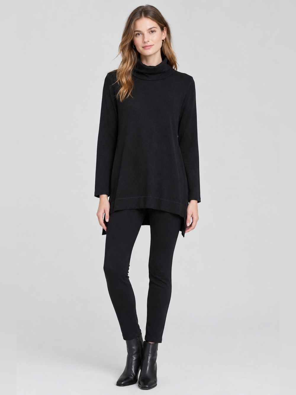 Eileen Fisher Turtleneck Sweater Womens M Black 100% Merino Wool Tunic Hi-Lo Hem